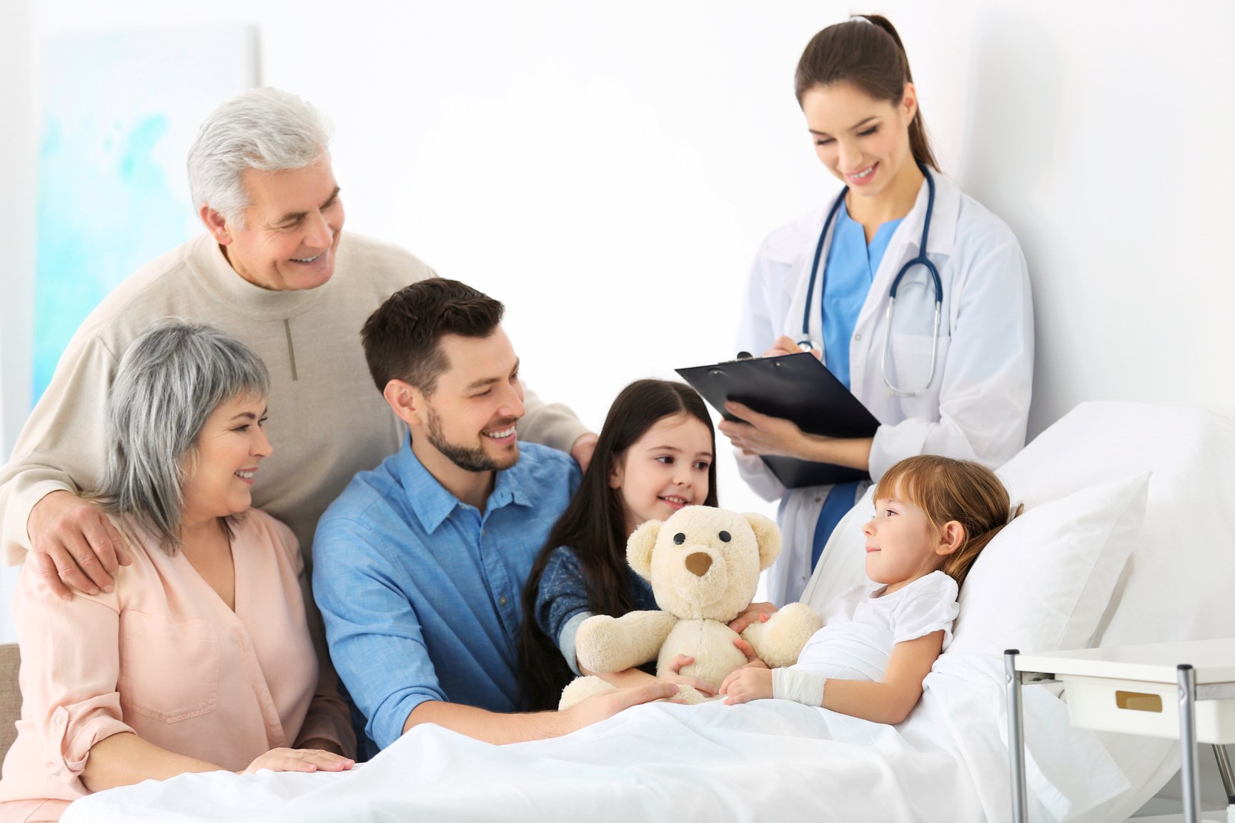 Family Visiting Little Girl in Hospital